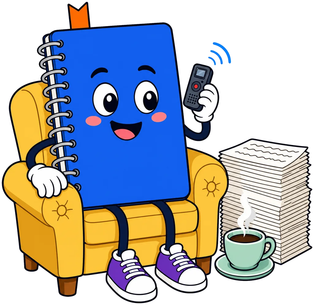 Блокнот надиктовывает главу книги на диктофон, рядом стопка страниц