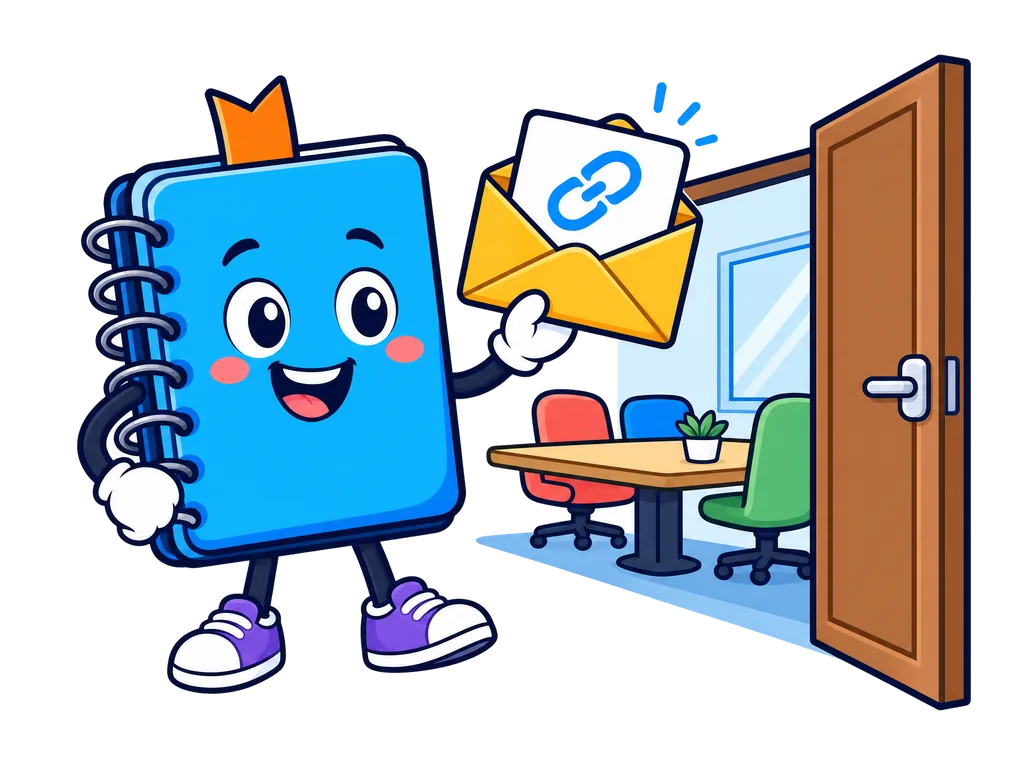 Талисман-блокнот Bloknot с конвертом-приглашением у двери переговорной