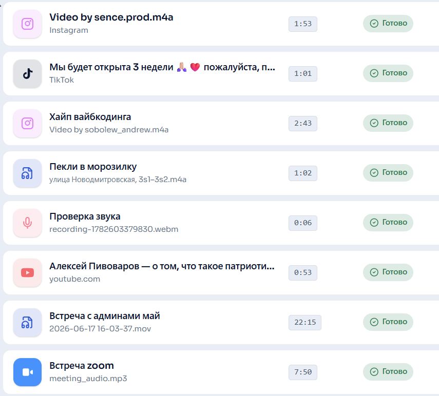 Кабинет: история расшифровок со статусом, длительностью и датой